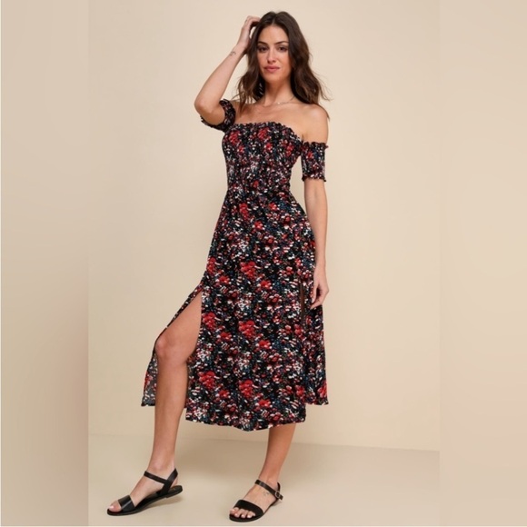 NWT Lulu’s View from the Meadow Off the Shoulder Midi Dress Black Floral Size XL - Picture 2 of 11